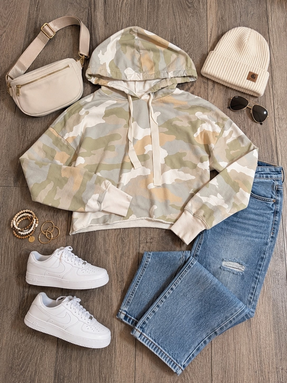 aerie Neutral Camo Cropped Hoodie Sweater - Beige & Cream